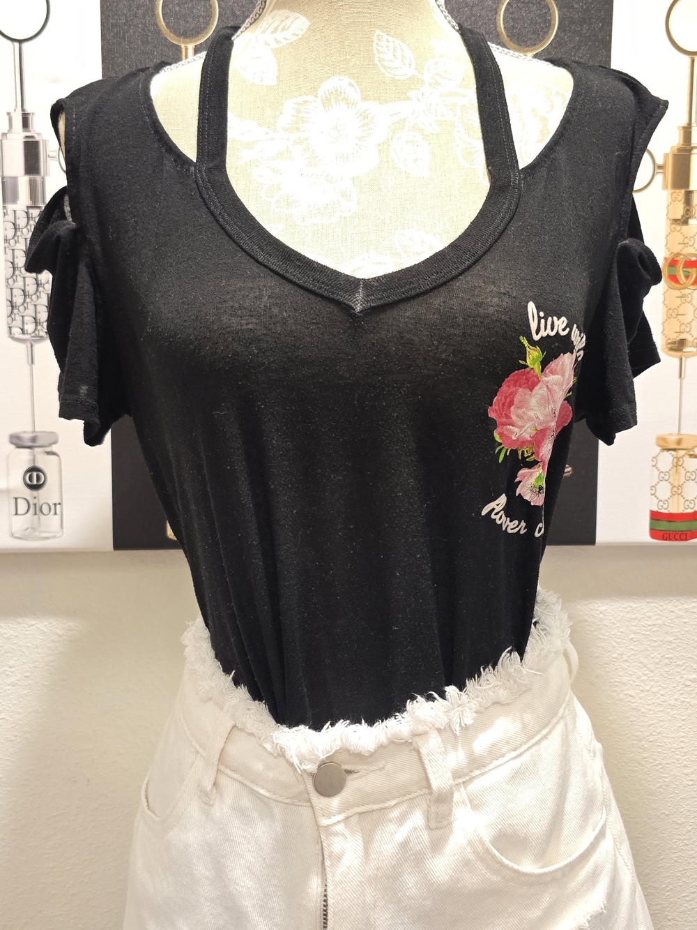 Express Black Cold-Shoulder Tee with Pink Floral Embroidery